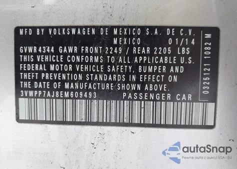 2014 Volkswagen Jetta Sportwagen 2.5L S z USA, uszkodzony, nr VIN 3VWPP7AJ8EM609493